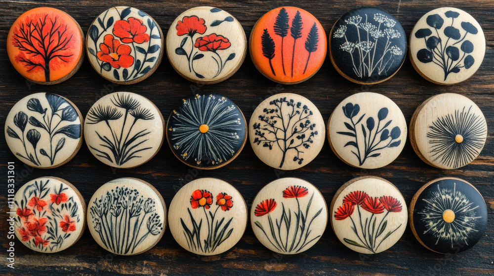 Hand painted wooden buttons featuring floral designs in vibrant colors. These decorative buttons showcase various plant motifs, perfect for crafts and sewing projects Hand painted wooden buttons featuring floral designs in vibrant colors. These decorative buttons showcase various plant motifs, perfect for crafts and sewing projects