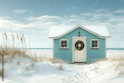 Christmas on the beach. A vintage beachside cabin with a wreath on the door, surrounded by snowlike sand, in a retro holiday postcard style photo