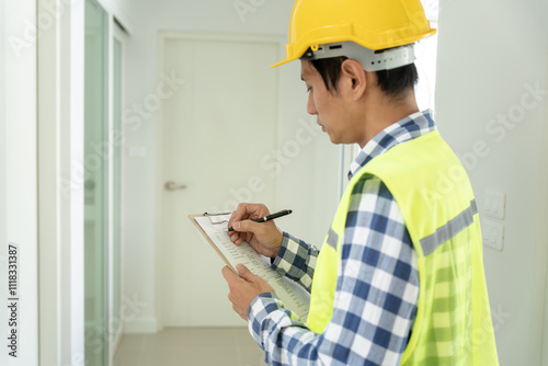 inspector or engineer is inspecting construction and quality assurance new house using a checklist. Engineers or architects or contactor work to build the house before handing it over to the homeowner