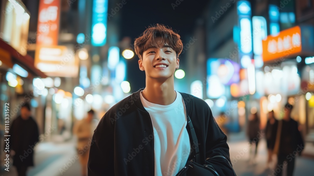 Young man smiling in bustling urban street filled with vibrant neon lights at night Young man smiling in bustling urban street filled with vibrant neon lights at night