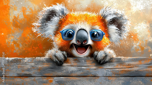   A painting of a koala with blue eyes peeking from behind a wooden plank on an orange background photo