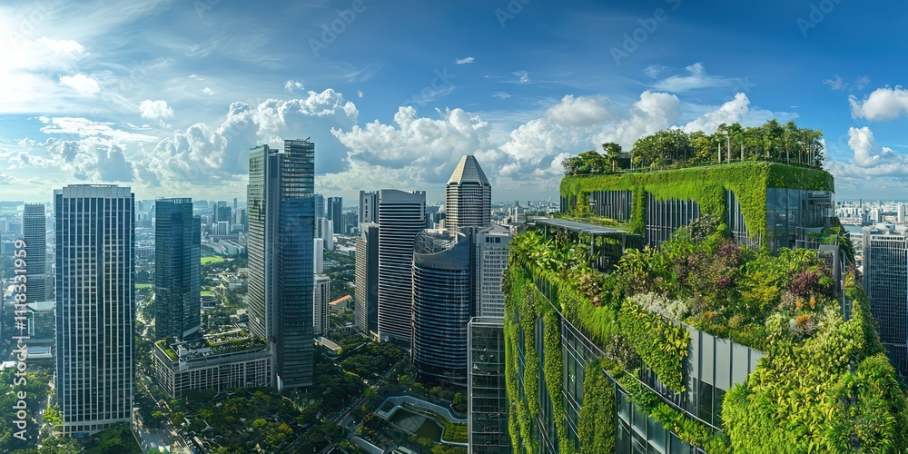 A city skyline with skyscrapers covered in green walls and rooftop gardens.
