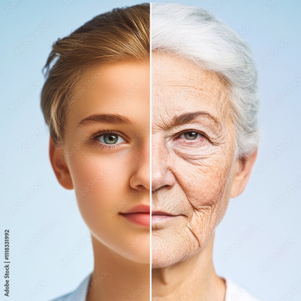 Split image of young girl transforming into elderly lady Split image of young girl transforming into elderly lady