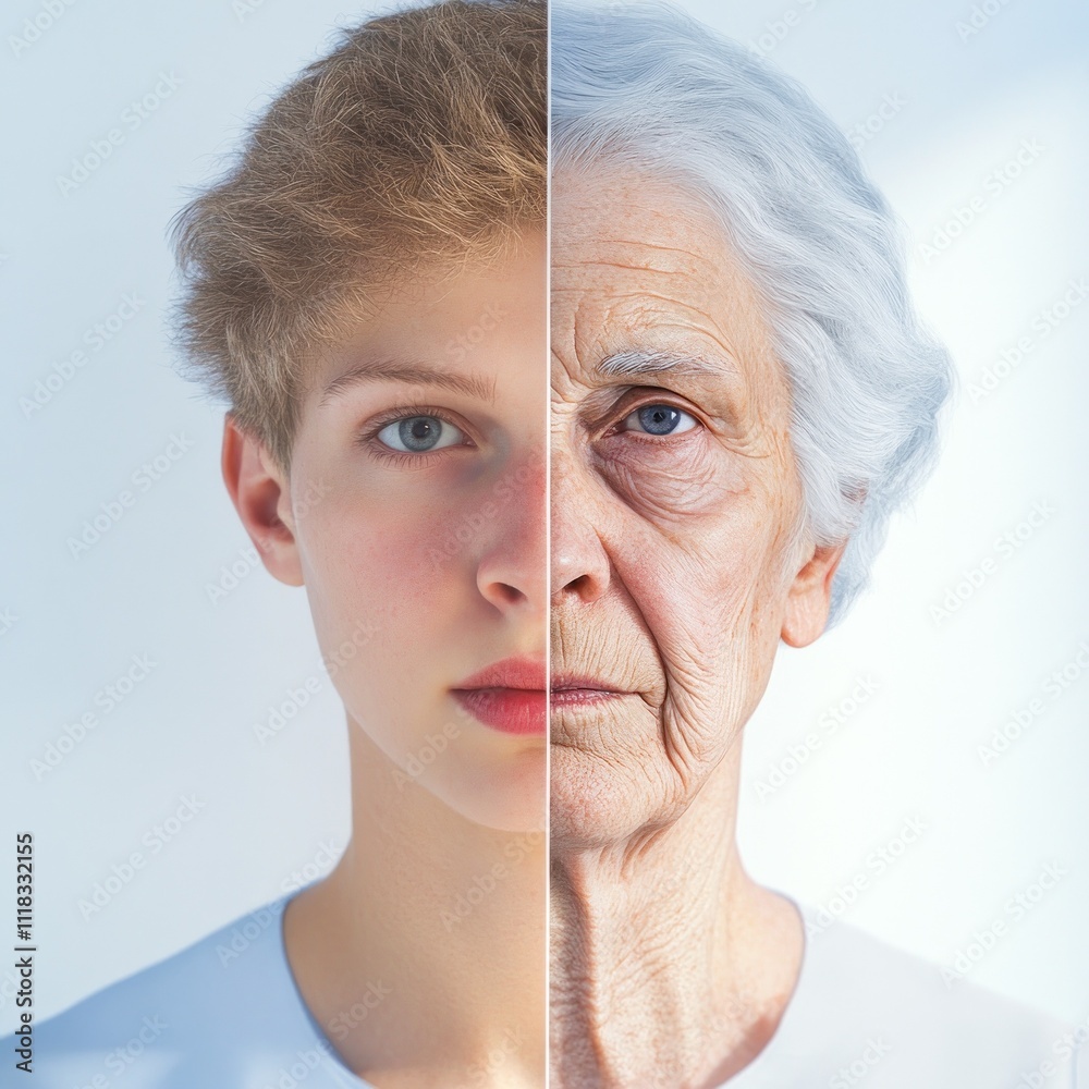 Young and old face combined to show aging process Young and old face combined to show aging process