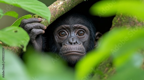 Bonobo in the Jungle: A young bonobo ape peeks out from behind lush leaves, its intelligent eyes capturing a moment of quiet contemplation. The image evokes a sense of curiosity and wonder.