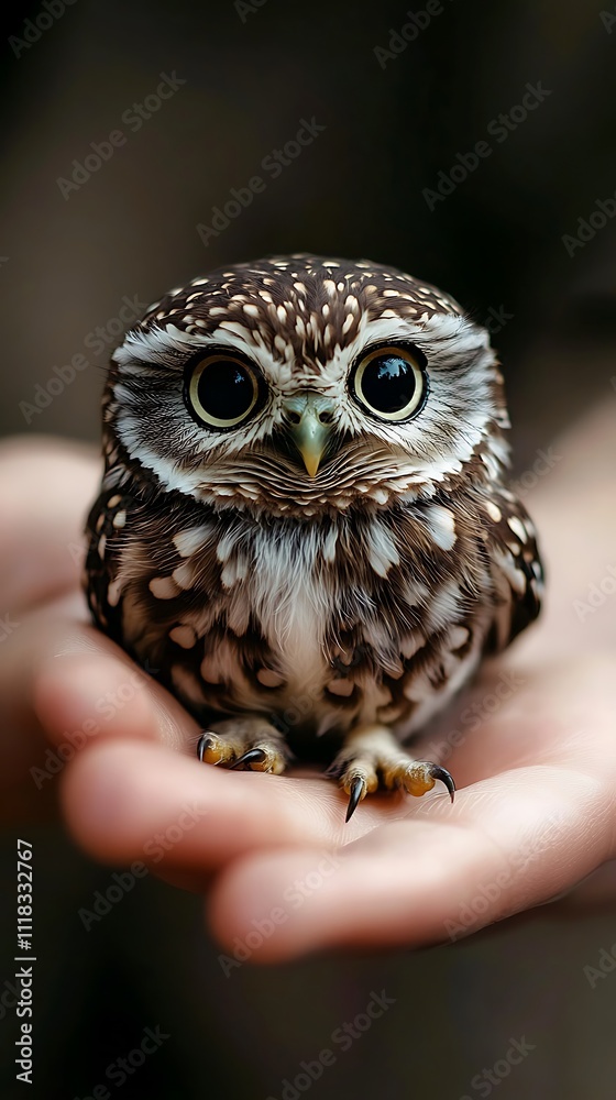 Fototapeta premium Small Owl Perched Gently In A Human Hand