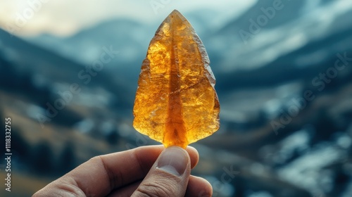 Hand holding amber arrowhead against mountain backdrop.