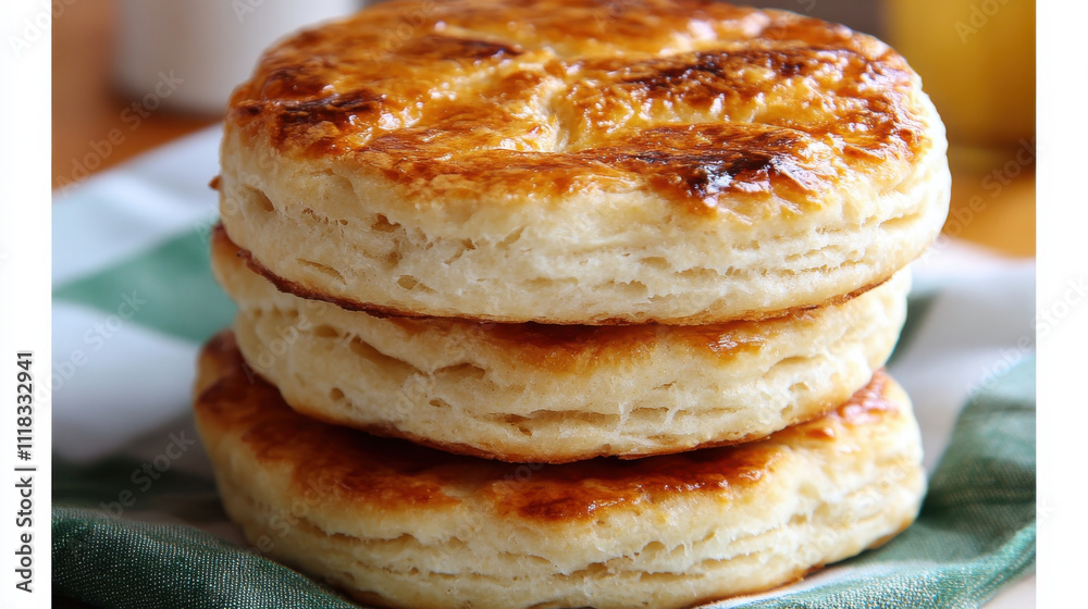 Flaky, golden biscuits stacked on green and white checkered cloth, showcasing their delicious texture and inviting appearance. Perfect for breakfast or brunch! Flaky, golden biscuits stacked on green and white checkered cloth, showcasing their delicious texture and inviting appearance. Perfect for breakfast or brunch!