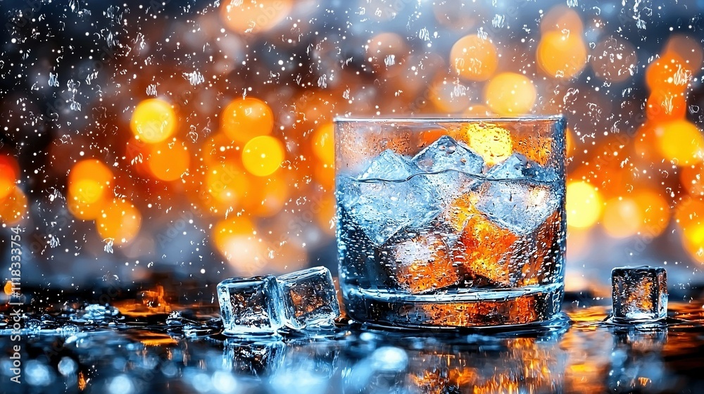 A glass of water with ice cubes on a table, facing the blurry bokeh lights in the background A glass of water with ice cubes on a table, facing the blurry bokeh lights in the background