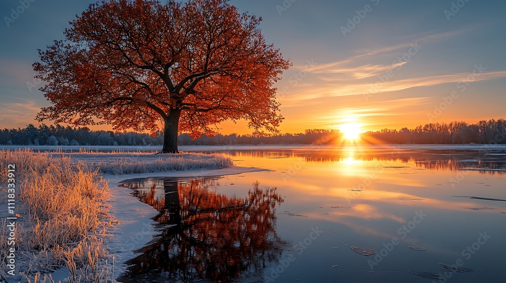 Autumn Tree Sunset Winter Lake Reflection Scene Autumn Tree Sunset Winter Lake Reflection Scene