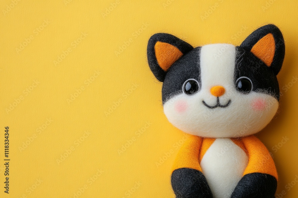 Fototapeta premium Handmade felt cat toy adds a touch of whimsy to a bright yellow backdrop, perfect for playful and creative projects