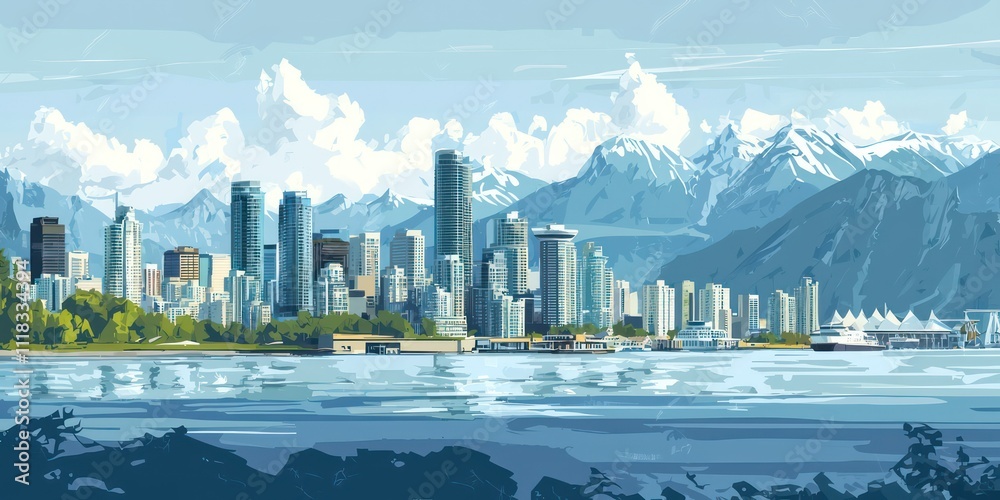 Obraz premium A clear day shot of Vancouver, capturing skyscrapers against the backdrop of coastal mountains.