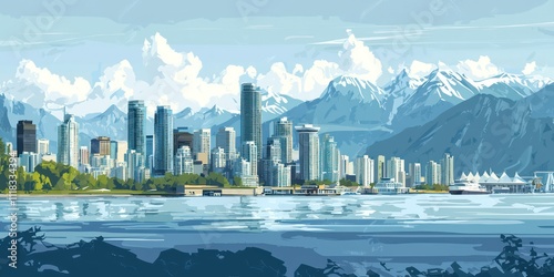 A clear day shot of Vancouver, capturing skyscrapers against the backdrop of coastal mountains.