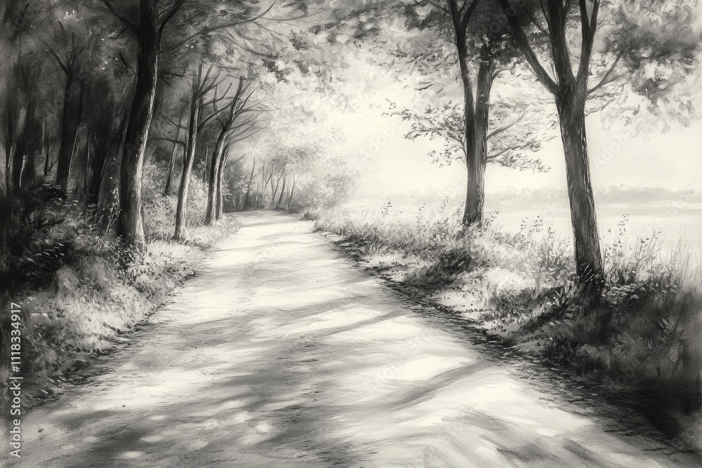 Charcoal drawing of a path through trees leading to a bright clearing in nature Charcoal drawing of a path through trees leading to a bright clearing in nature