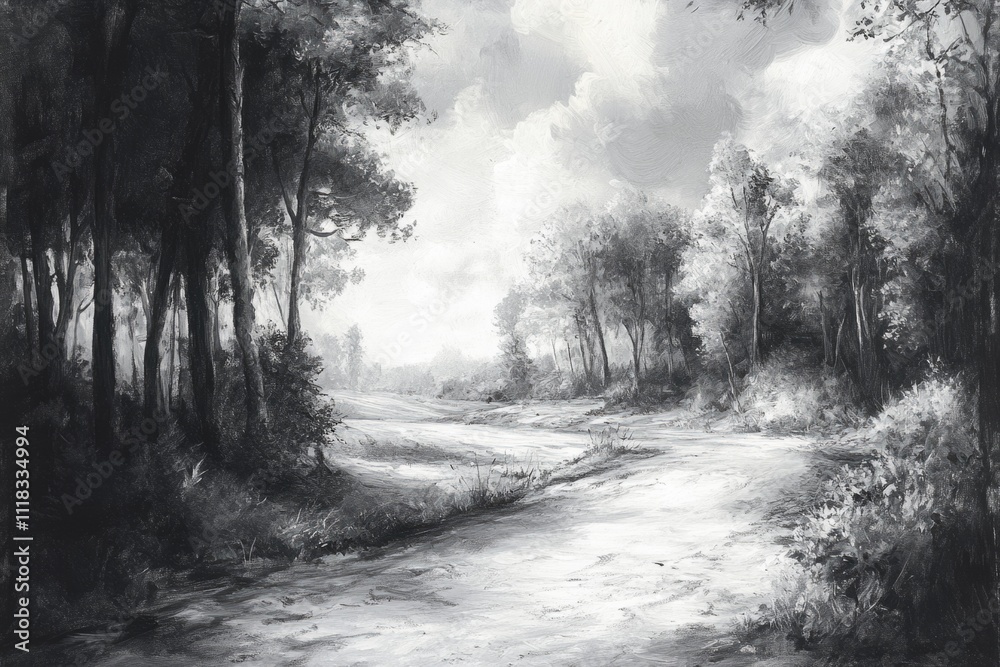 Black and white image of a dirt road winding through a tranquil forest