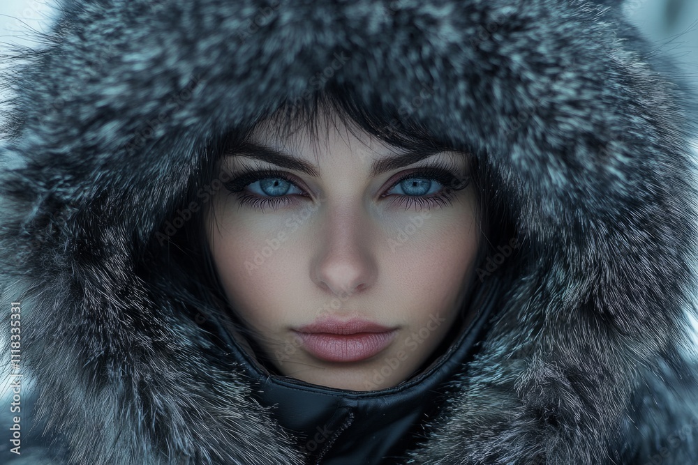 Close-up of attractive young woman with blue eyes wearing a fur hood, conveying a sense of warmth and style in a winter setting Close-up of attractive young woman with blue eyes wearing a fur hood, conveying a sense of warmth and style in a winter setting