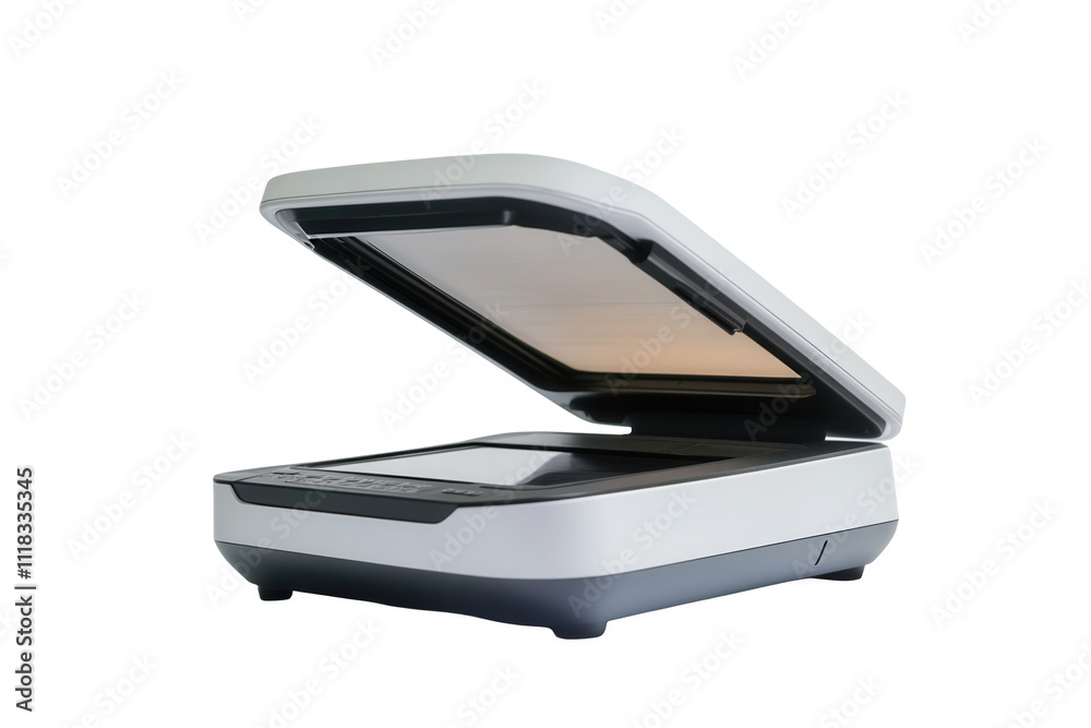 Isolated on a transparent background. Open flatbed scanner on white background. Isolated on a transparent background. Open flatbed scanner on white background.