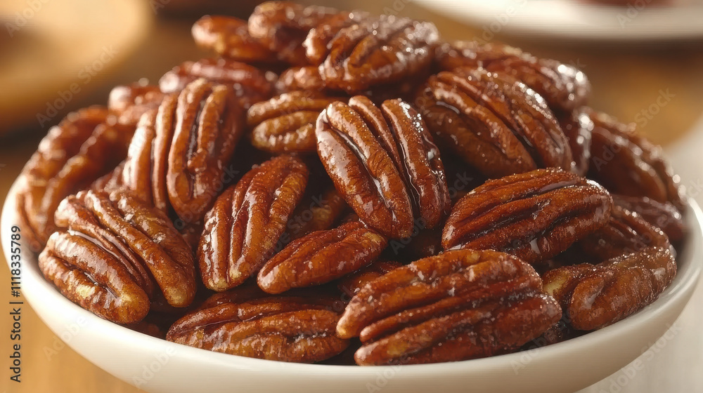 Caramelized pecans in white bowl, perfect for appetizers or salads, adding sweet crunch to any dish. Enjoy their rich flavor and delightful texture! Caramelized pecans in white bowl, perfect for appetizers or salads, adding sweet crunch to any dish. Enjoy their rich flavor and delightful texture!