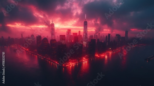 Dramatic red sunset over city skyline, aerial view.