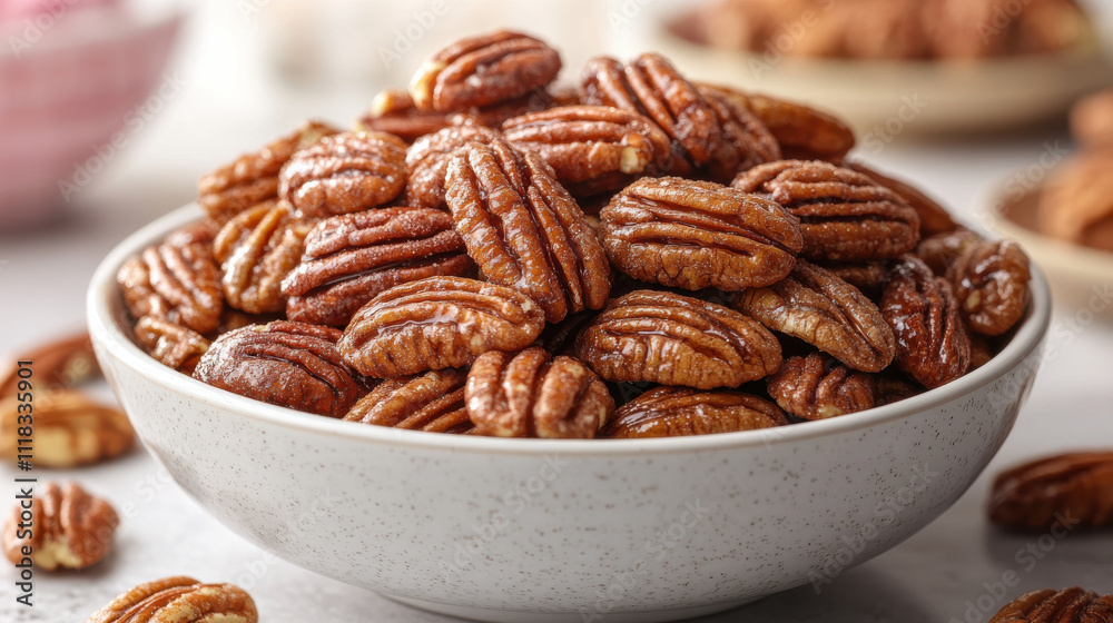 Caramelized pecans in bowl, perfect for appetizers or salads, showcasing their glossy texture and rich flavor. delightful addition to any dish Caramelized pecans in bowl, perfect for appetizers or salads, showcasing their glossy texture and rich flavor. delightful addition to any dish