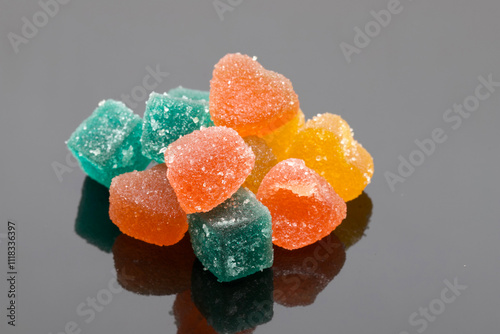 Colorful Sugar-Covered Jelly Candies Arranged on a Dark Reflective Surface