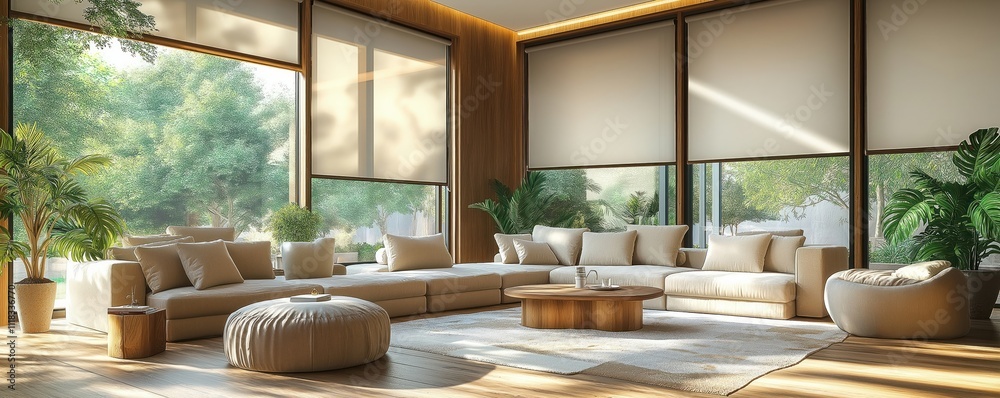 Modern living room with large windows, automatic roller blinds. Beige sofa, ottoman. Wooden decor panels on walls. Electric sunscreen curtains. Natural light streams in. Cozy, comfortable interior