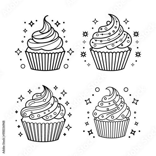 A Set Of Cute Sweet Cupcake With Cream With Coloring Page. Black And White Illustration For Kids Coloring Book.