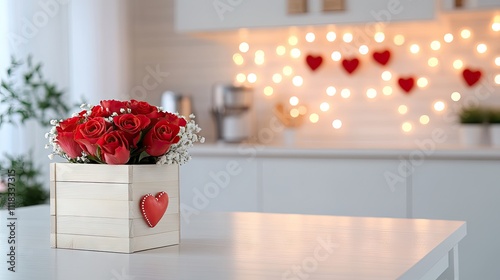 Red roses are elegantly arranged in a charming wooden box on a table, set against a softly blurred kitchen background adorned with Valentine's decorations photo