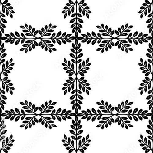 Seamless pattern Black leafy branches on a crisp white background, perfect for textile, wallpaper