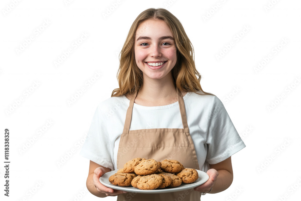 Isolated on a transparent background. Smiling young caucasian female holding freshly baked cookies. Isolated on a transparent background. Smiling young caucasian female holding freshly baked cookies.