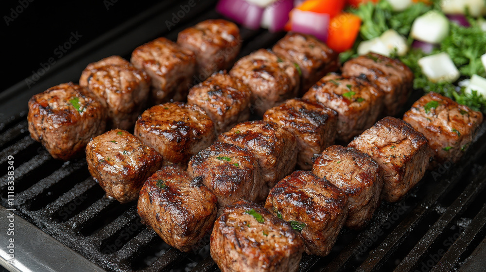 Grilled beef skewers with vegetables on barbecue grill, showcasing delicious outdoor cooking experience. Perfect for gatherings and family meals