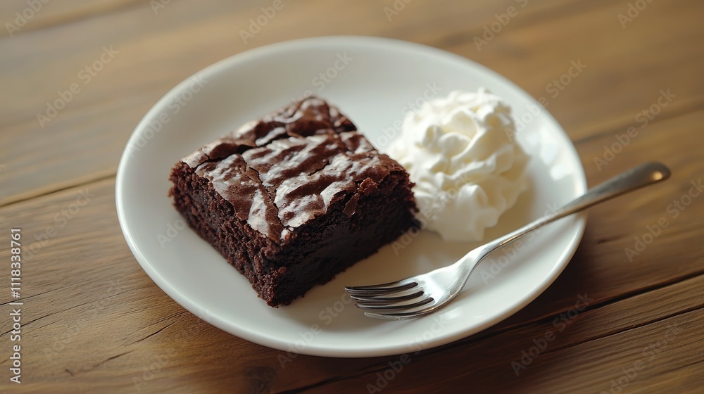 Delicious Chocolate Brownie Slice with Whipped Cream on Plate Delicious Chocolate Brownie Slice with Whipped Cream on Plate