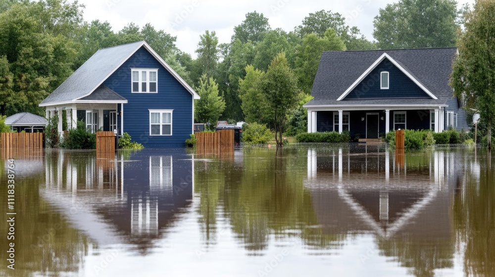 A Clipper's house is submerged in water after a flood, surrounded by American townhouses reflecting on the lake's surface A Clipper's house is submerged in water after a flood, surrounded by American townhouses reflecting on the lake's surface