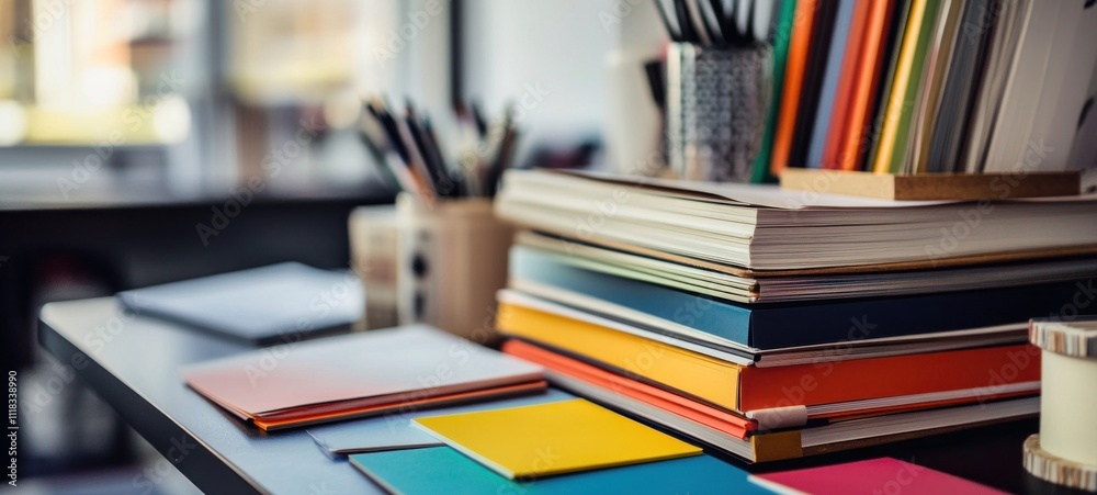 A Colorful Stack of Books and Notebooks on a Desk A Colorful Stack of Books and Notebooks on a Desk