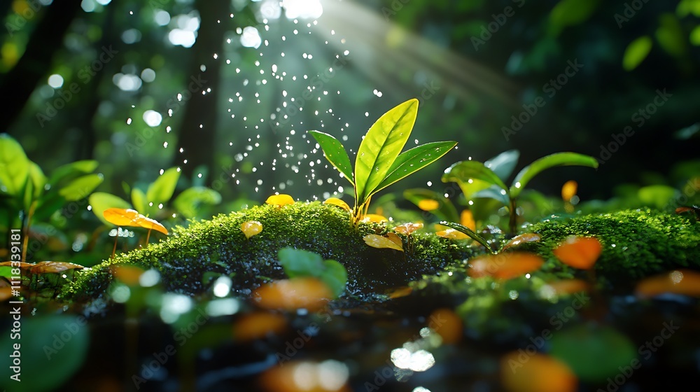 Young Plant Sprouting In Lush Green Forest Young Plant Sprouting In Lush Green Forest