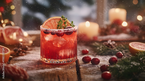 Cranberry gin boozy cocktail with grapefruit and thyme served on winter holidays decorated table.  photo