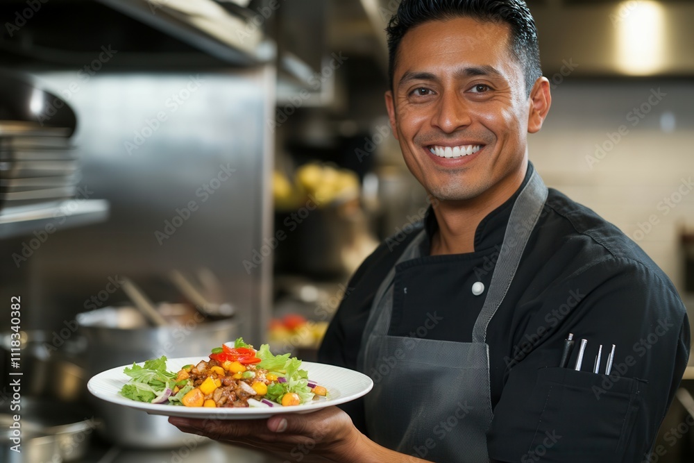 A cheerful chef stands in a bustling kitchen, proudly holding a beautifully arranged plate of food topped with fresh ingredients. The atmosphere showcases a vibrant culinary environment with various c A cheerful chef stands in a bustling kitchen, proudly holding a beautifully arranged plate of food topped with fresh ingredients. The atmosphere showcases a vibrant culinary environment with various c