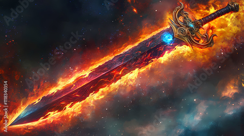 A majestic sword for tyrfing fire force with an obsidian blade glowing crimson runes gold hilt shaped like flames and a blue crystal pommel. Runes. Illustration photo