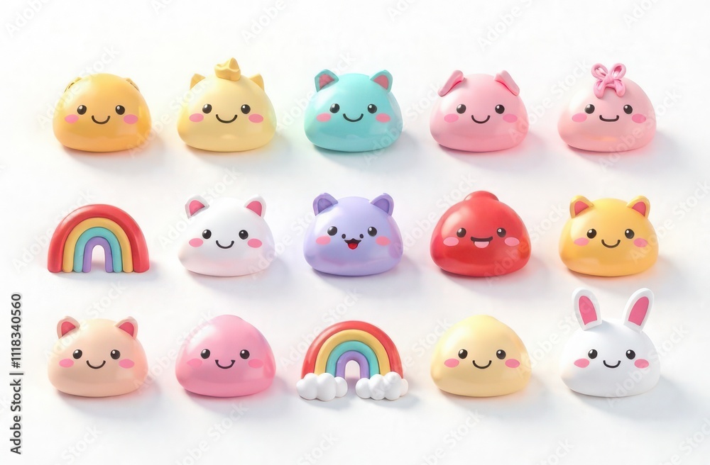 Cute kawaii icons, on white background 3d Cute kawaii icons, on white background 3d