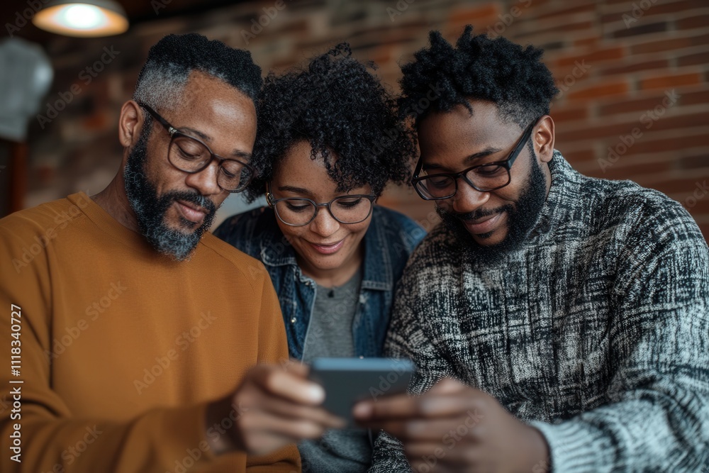 Three friends gather in a warm cafe, sharing laughter and joy as they look at a smartphone screen. Cozy atmosphere with brick walls enhances their cheerful interaction, creating a memorable moment.