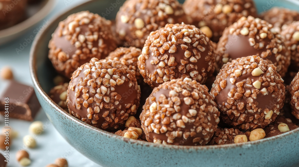 Delicious energy balls in blue bowl, coated with crunchy nuts and chocolate, create tempting treat perfect for snacking or dessert Delicious energy balls in blue bowl, coated with crunchy nuts and chocolate, create tempting treat perfect for snacking or dessert