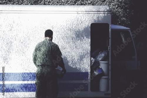 A refuse collector is managing a garbage compactor vehicle in a housing area. photo