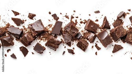 Broken Chocolate Pieces and Shavings on White Background