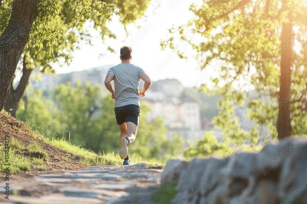 Young caucasian male jogging in park during sunrise with scenic city view. Young caucasian male jogging in park during sunrise with scenic city view.