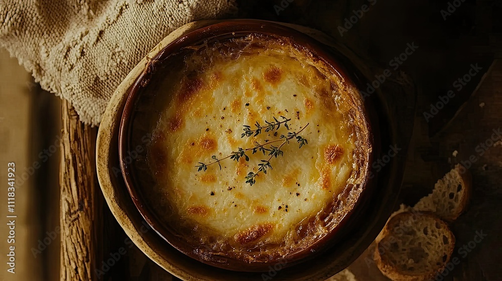 Delicious Baked Dish with Cheesy Top and Herbs on Rustic Table Delicious Baked Dish with Cheesy Top and Herbs on Rustic Table