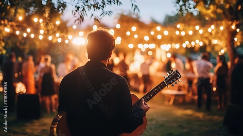 Musician plays guitar at outdoor evening party.