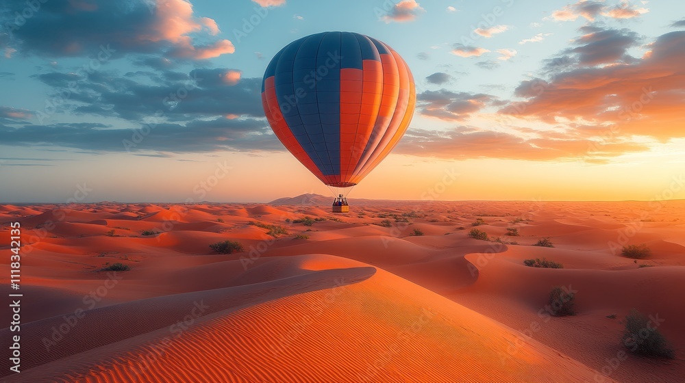 Obraz premium Hot air balloon over desert dunes at sunrise.