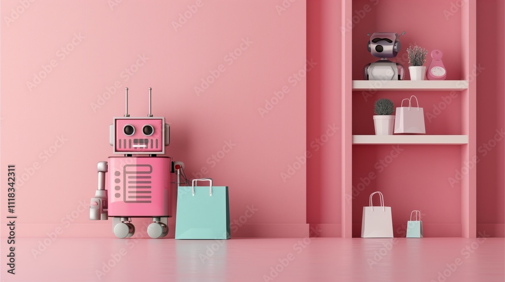 Pink Robot Shopping Spree: A whimsical pink robot stands proudly holding shopping bags, surrounded by a vibrant pink backdrop.