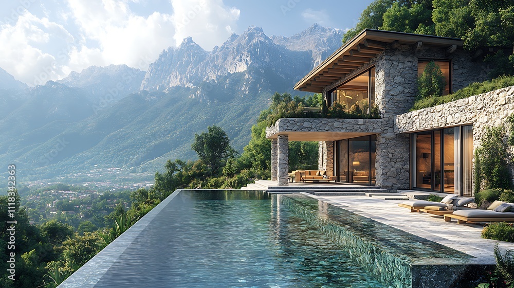 Naklejka premium Stunning capturing a luxurious stone villa styled perfectly with an infinity pool picture