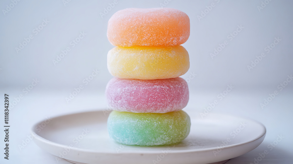 A stack of mochi balls in a gradient rainbow color scheme, placed on a white plate A stack of mochi balls in a gradient rainbow color scheme, placed on a white plate